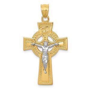 14k Two Tone Gold INRI Celtic Crucifix Pendant, 20 x 36mm